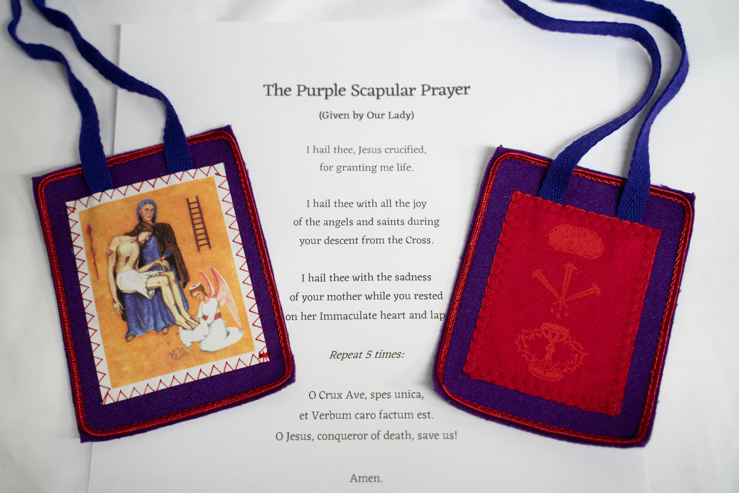 Purple Scapular of Benediction and Protection made of WOOL precisely to the vision of Marie-Julie Jahenny, ((HANDMADE in the USA))